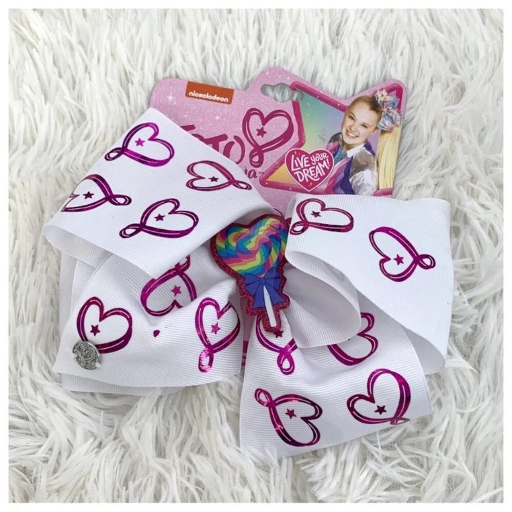 New JoJo Siwa Lollipop Heart Cheer Dance Large Signature Bow Clip Foil Ribbon